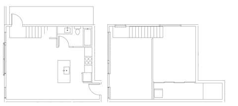 A floor plan of a house with a kitchen, living room, and bathroom.